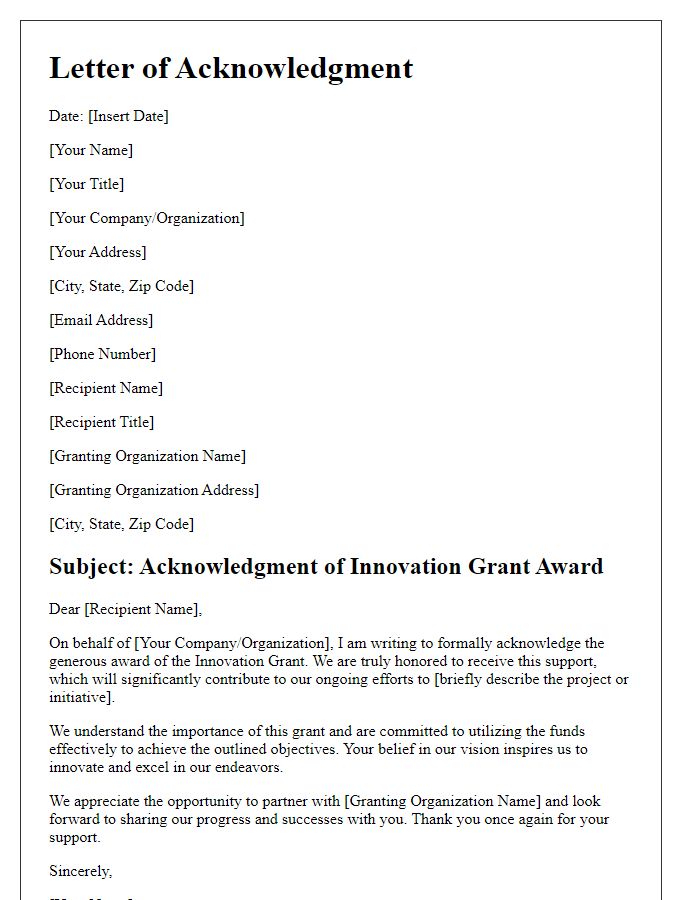 Letter template of Acknowledgment for Innovation Grant Award