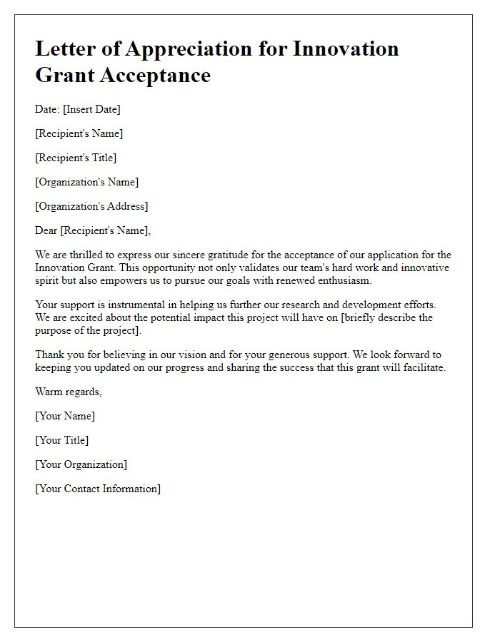 Letter template of Appreciation for Innovation Grant Acceptance