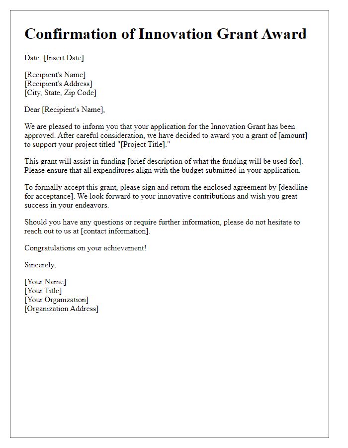 Letter template of Confirmation of Innovation Grant Award