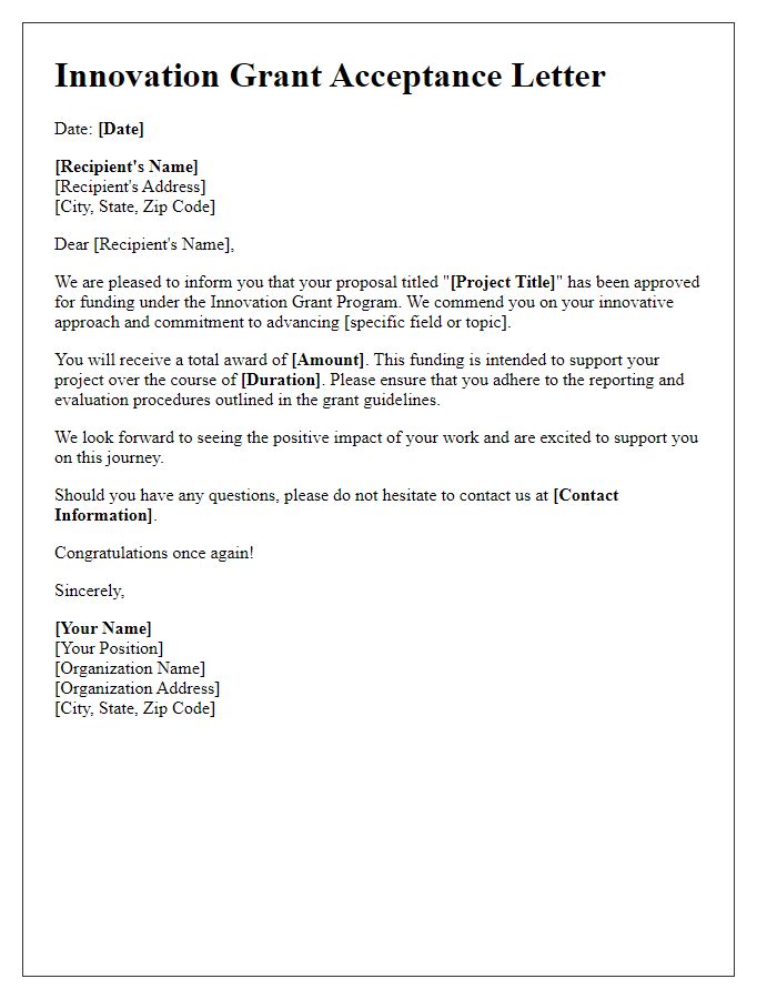 Letter template of Innovation Grant Acceptance Letter