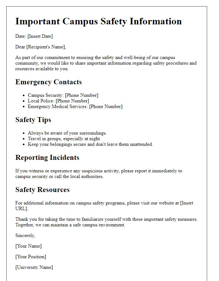 Letter template of important campus safety information