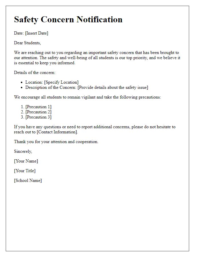 Letter template of safety concern communication for students