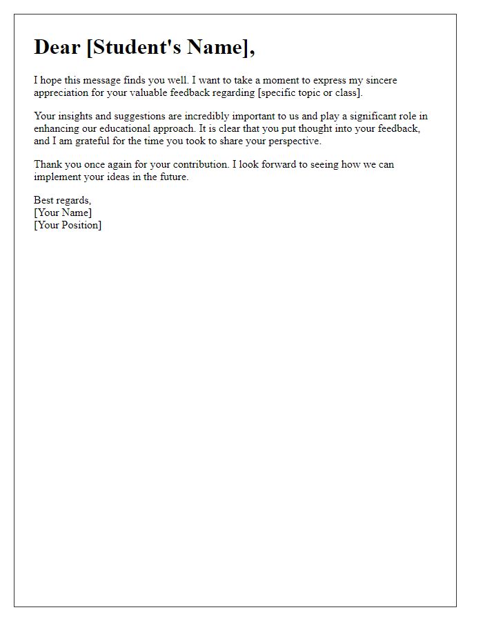 Letter template of appreciation for student feedback