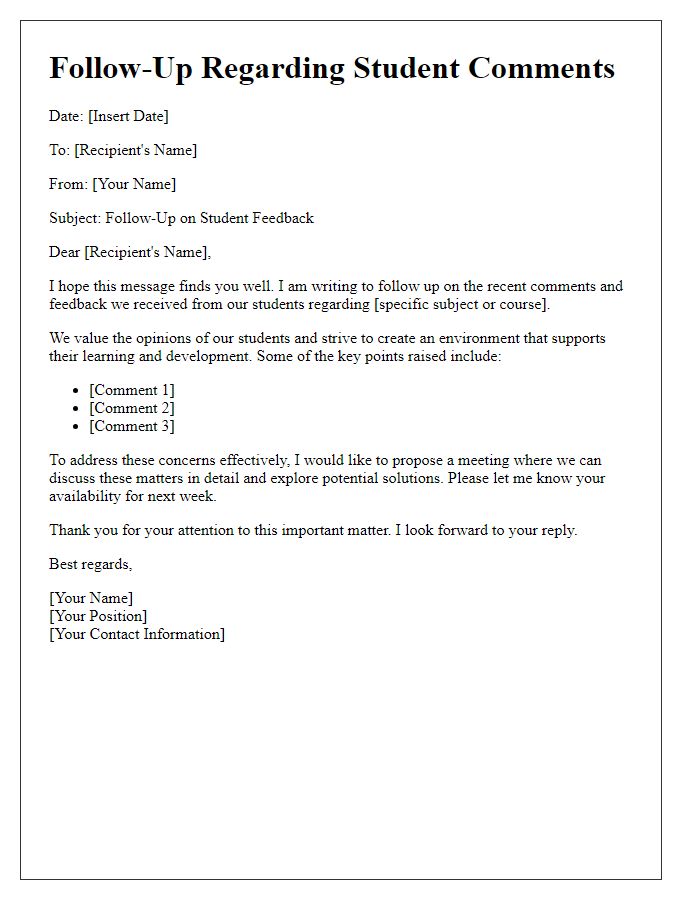 Letter template of follow-up regarding student comments