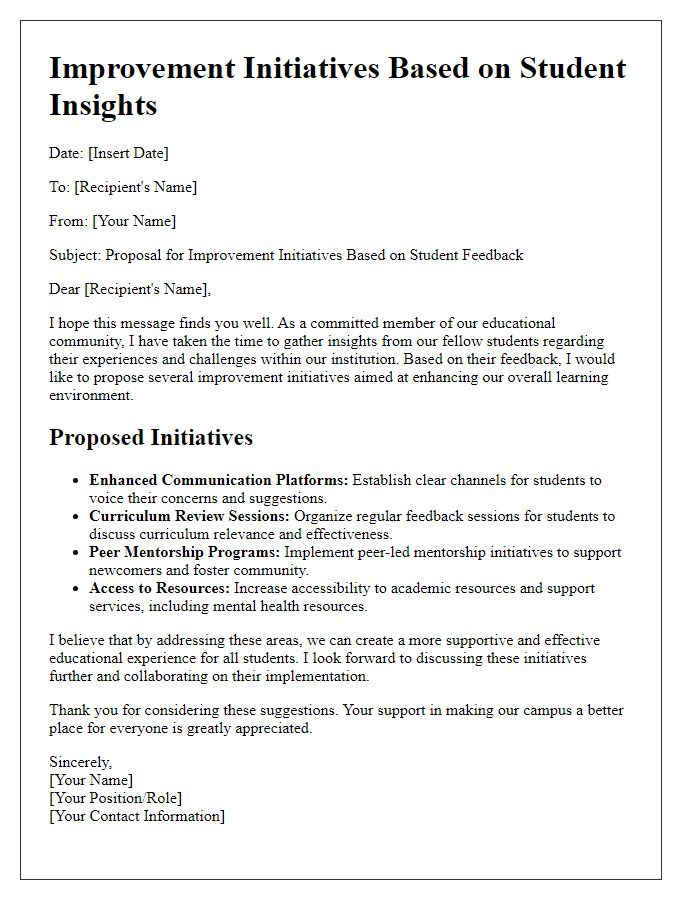 Letter template of improvement initiatives from student insights