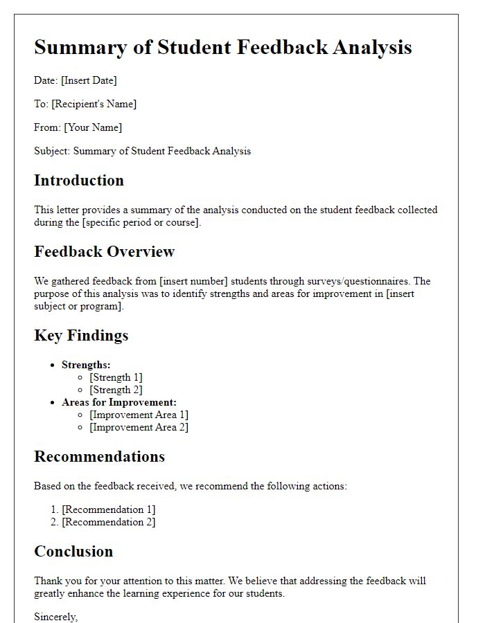 Letter template of summary of student feedback analysis