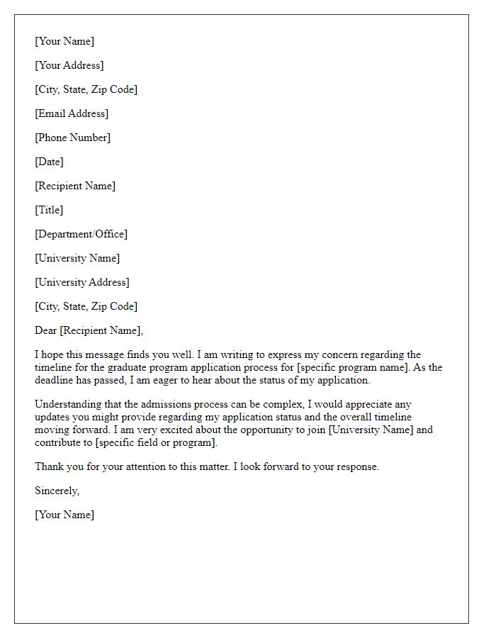 Letter template of concern regarding graduate program application timeline