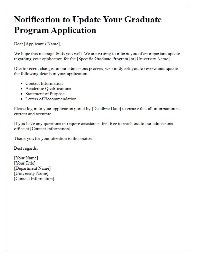 Letter template of notification to update graduate program application details