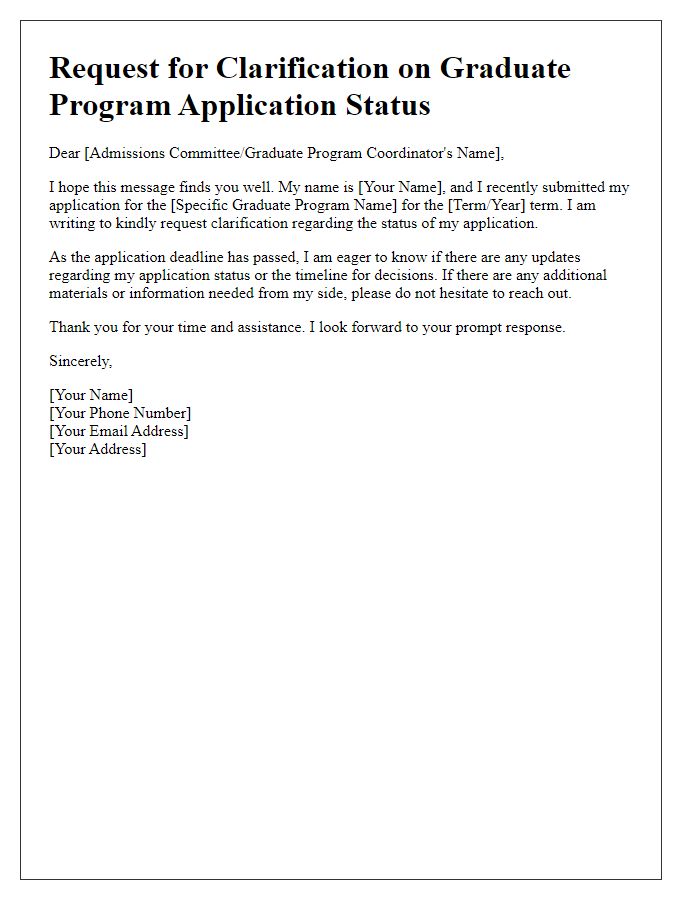 Letter template of request for clarification on graduate program application status