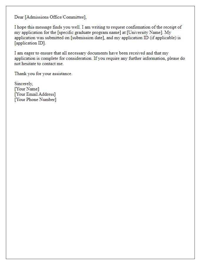 Letter template of submission confirmation request for graduate program application