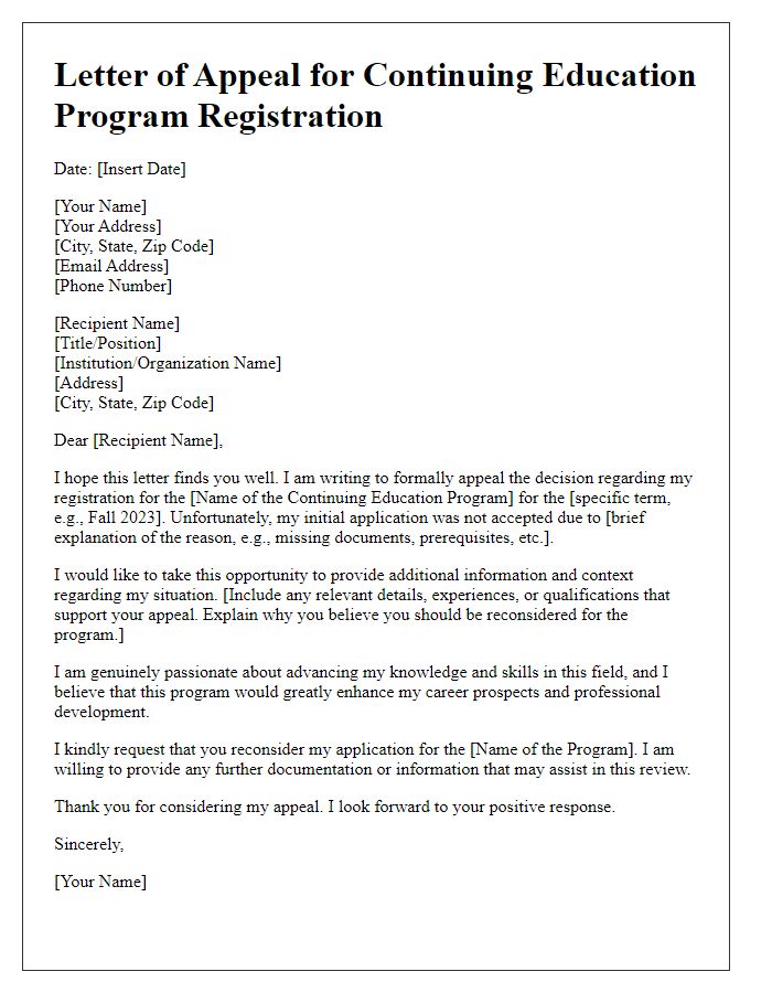 Letter template of appeal for continuing education program registration.