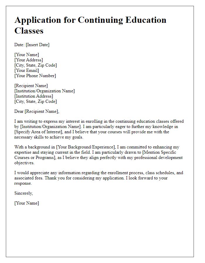 Letter template of application for continuing education classes.