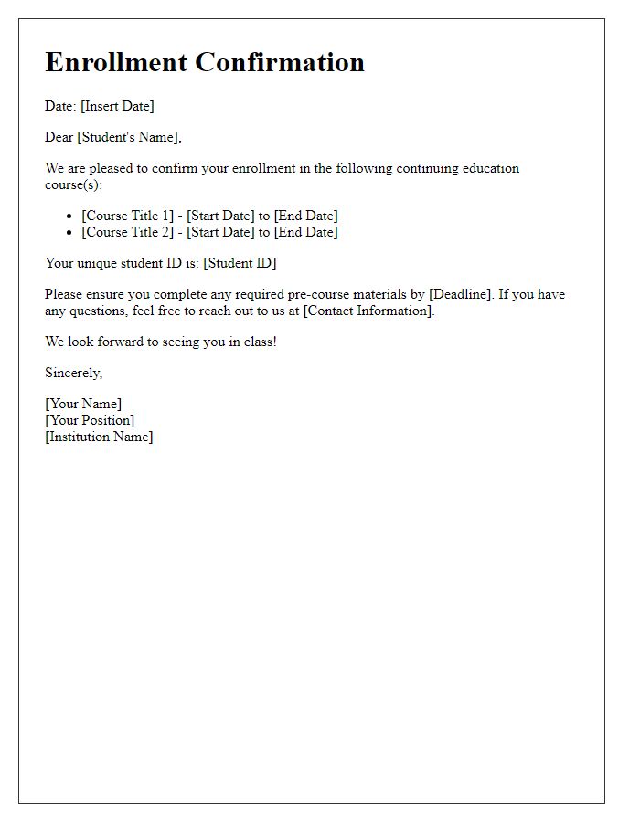 Letter template of enrollment confirmation for continuing education courses.