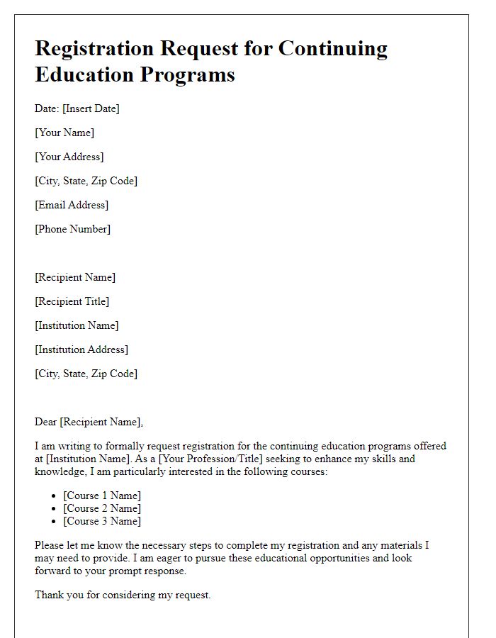 Letter template of registration request for continuing education programs.