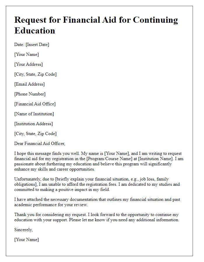 Letter template of request for financial aid for continuing education registration.