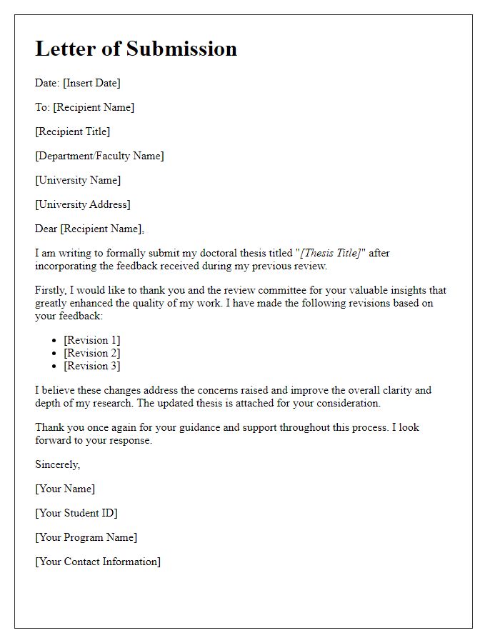 Letter template of doctoral thesis submission addressing feedback.