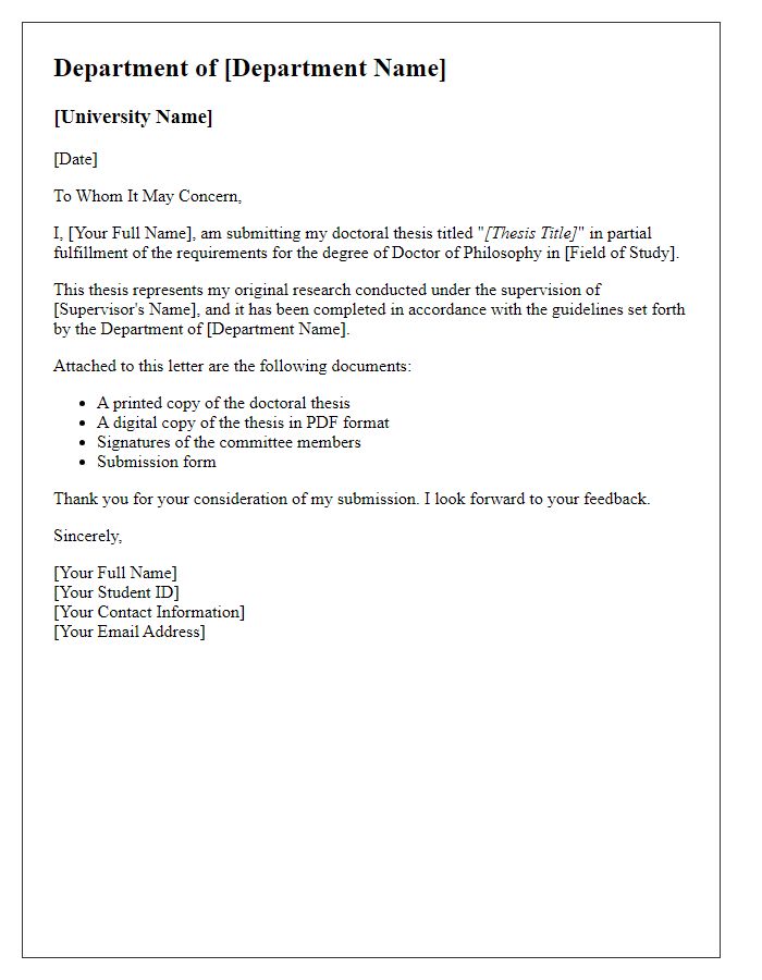 Letter template of doctoral thesis submission for departmental requirements