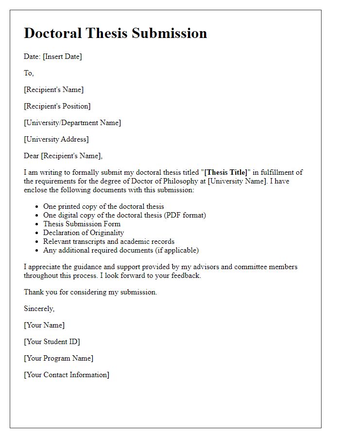 Letter template of doctoral thesis submission with required documents