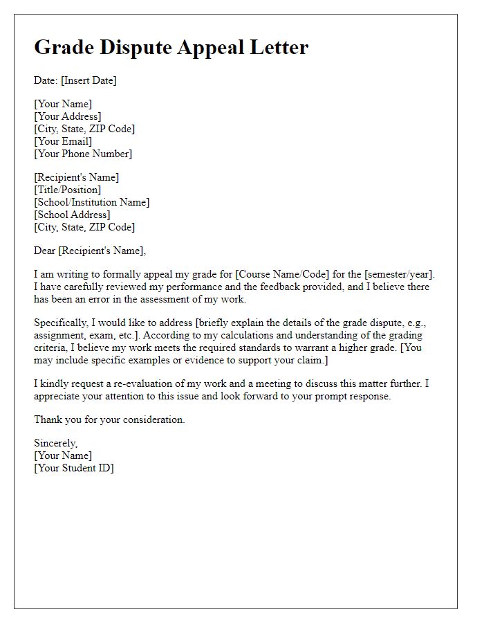 Letter template of Student Appeal for Grade Dispute