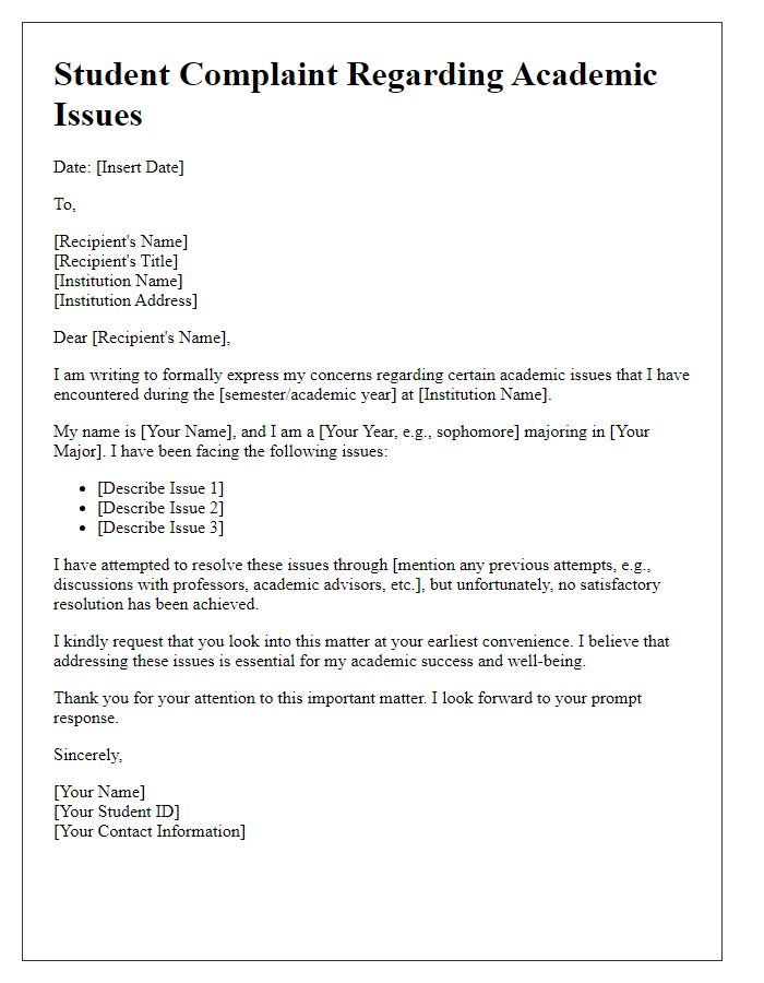 Letter template of Student Complaint Regarding Academic Issues