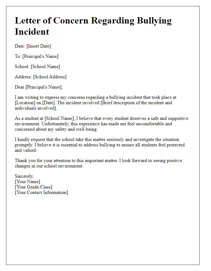 Letter template of Student Concern About Bullying Incident