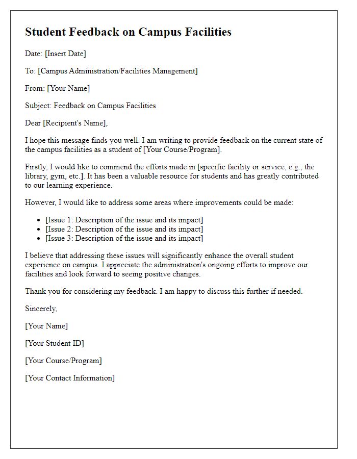 Letter template of Student Feedback on Campus Facilities