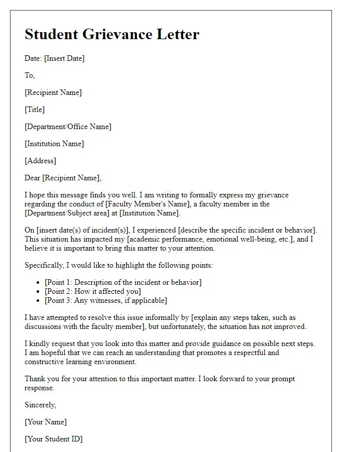 Letter template of Student Grievance Related to Faculty Conduct