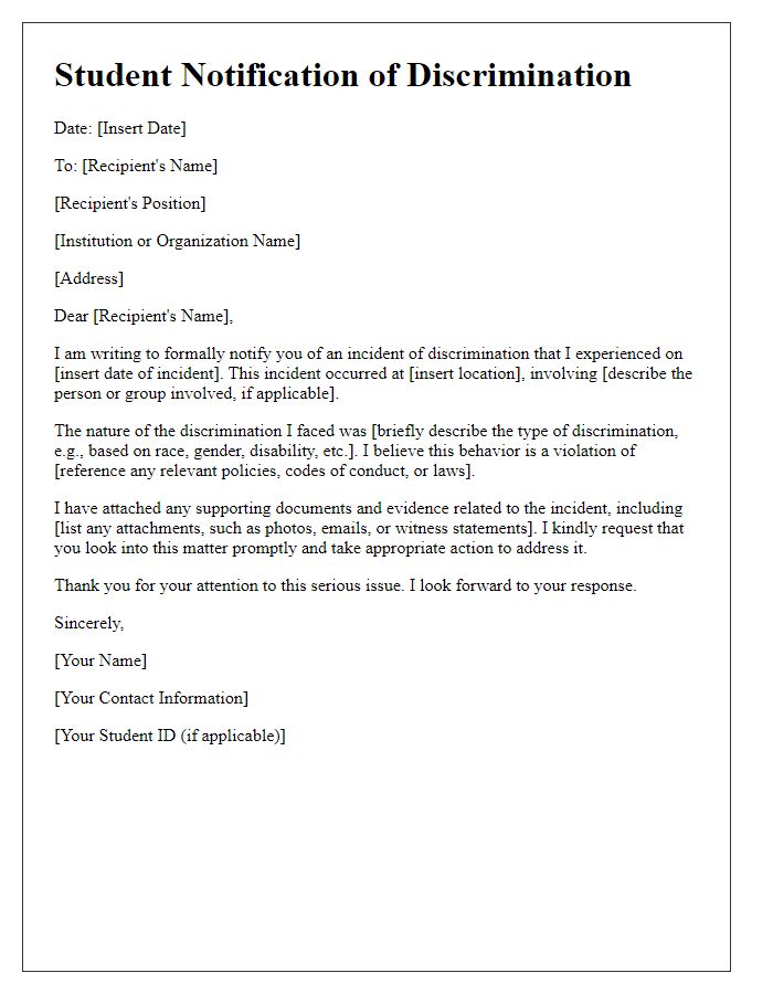 Letter template of Student Notification of Discrimination