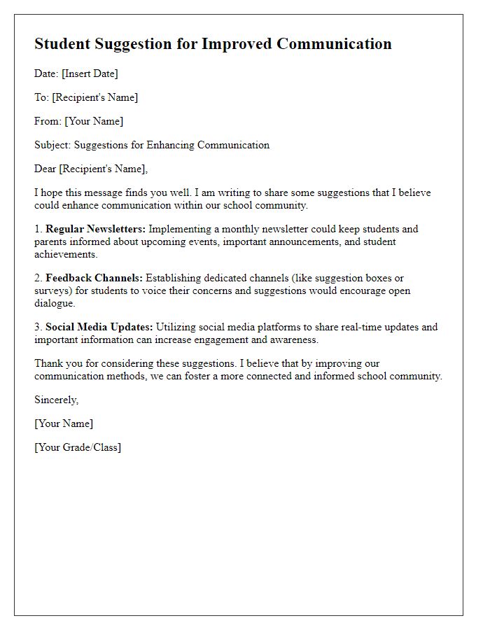 Letter template of Student Suggestion for Improved Communication