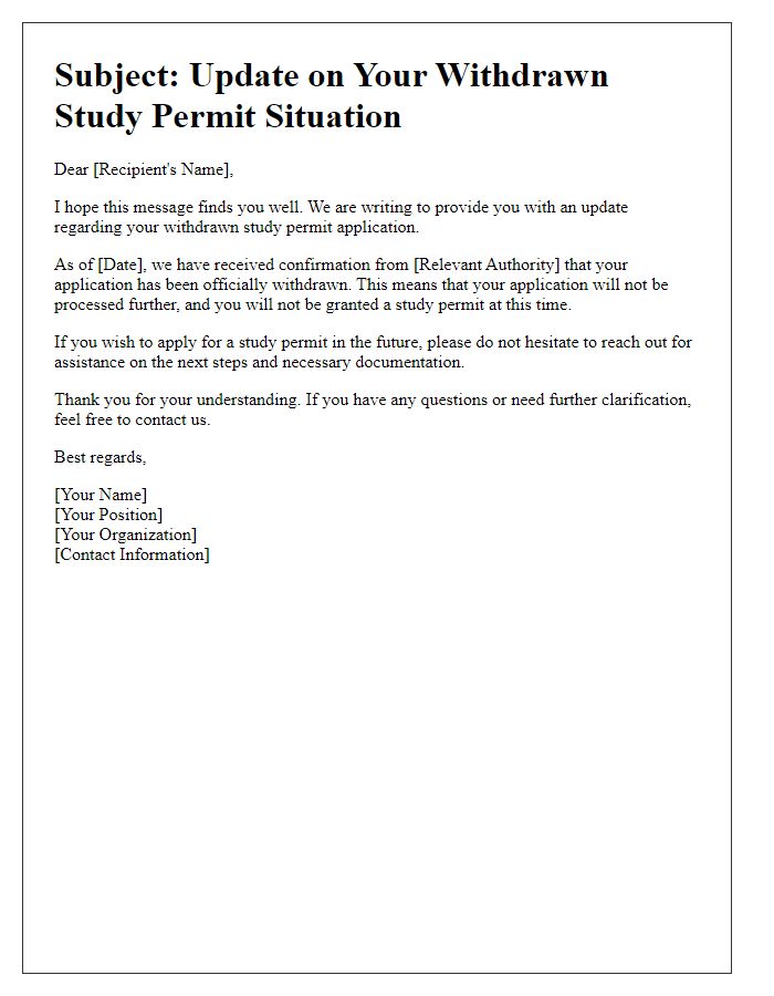 Letter template of updates on withdrawn study permit situation