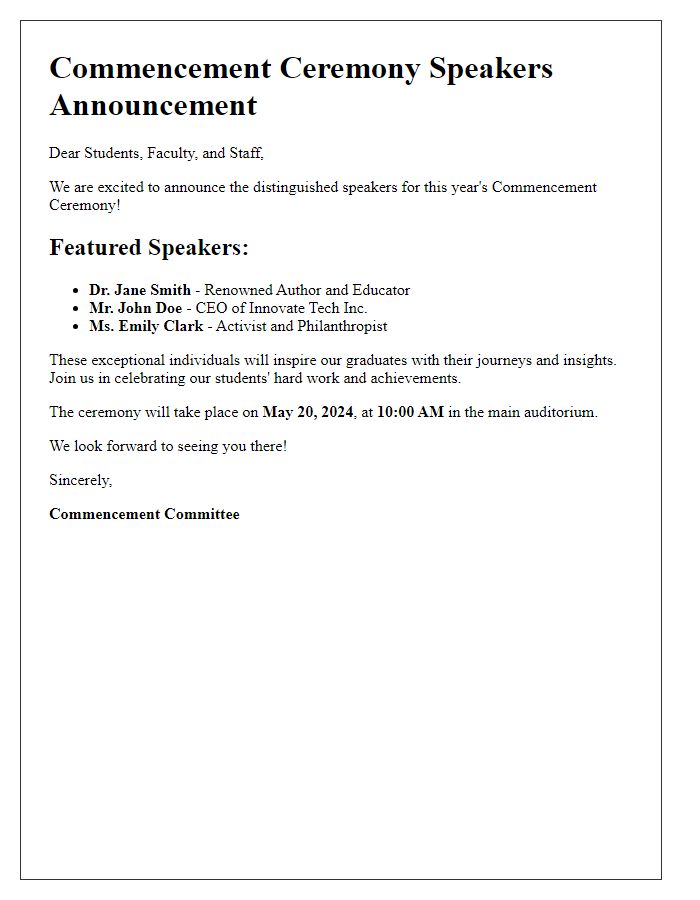 Letter template of announcement for commencement ceremony speakers.