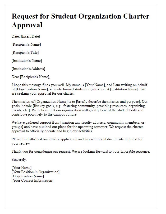 Letter template of request for student organization charter approval.