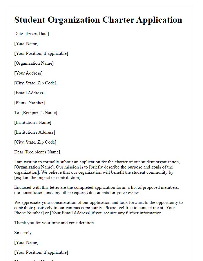 Letter template of submission for student organization charter application.