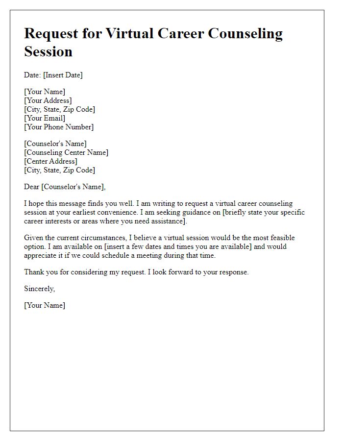 Letter template of request for virtual career counseling session