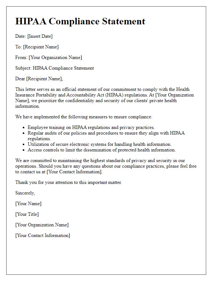 Letter template of HIPAA compliance statement