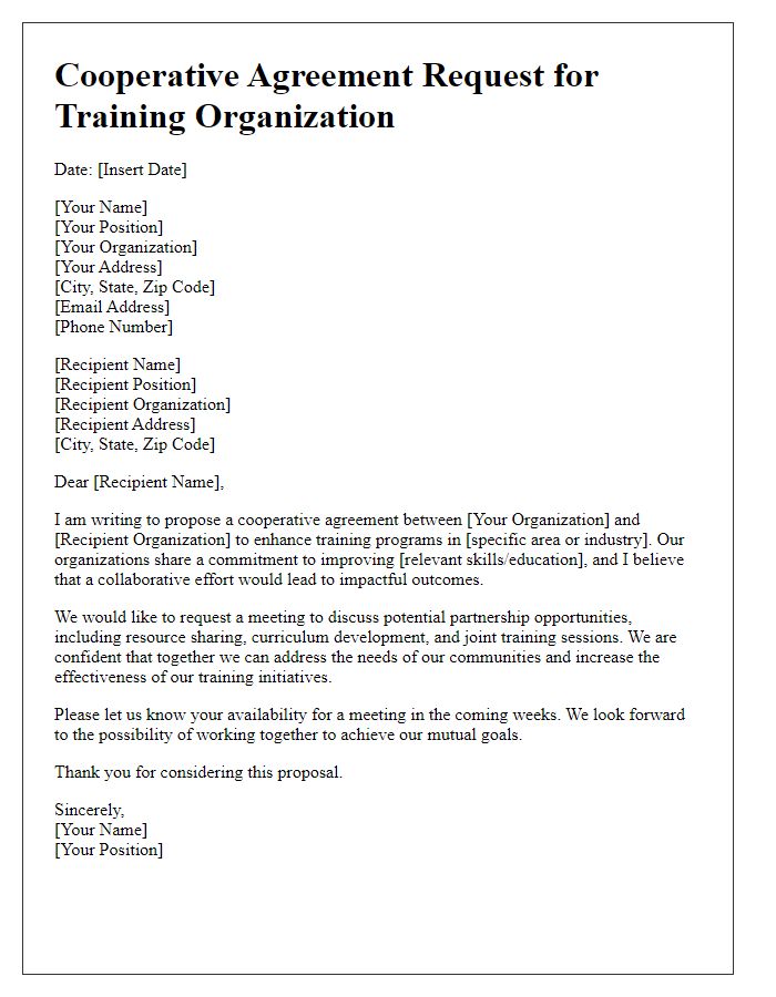 Letter template of cooperative agreement request for training organizations