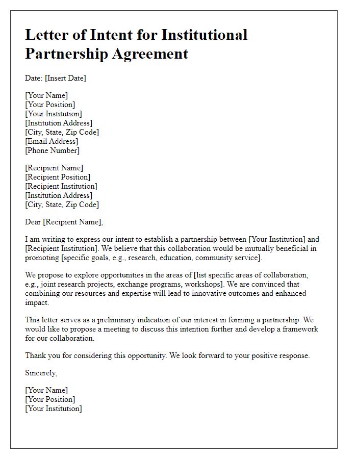 Letter template of intent for institutional partnership agreement