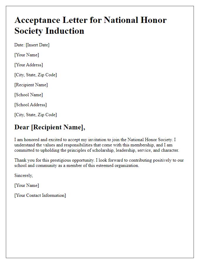 Letter template of acceptance for national honor society induction