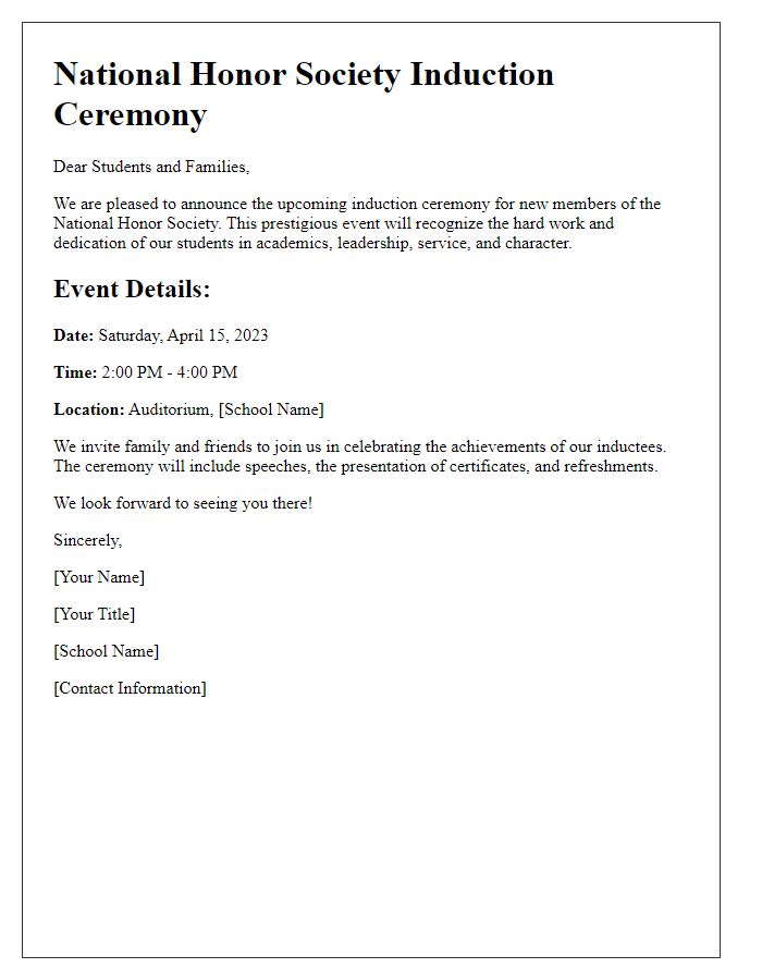 Letter template of announcement for national honor society induction details