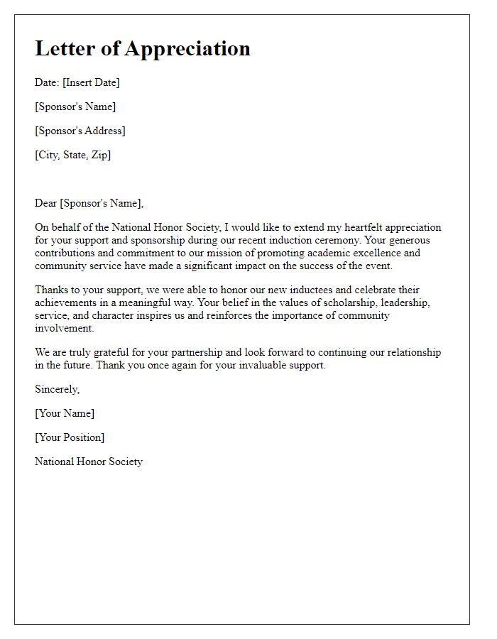 Letter template of appreciation for national honor society induction sponsors