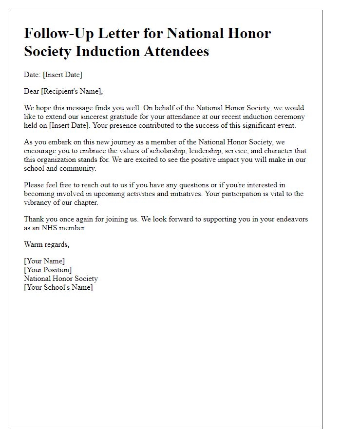 Letter template of follow-up for national honor society induction attendees