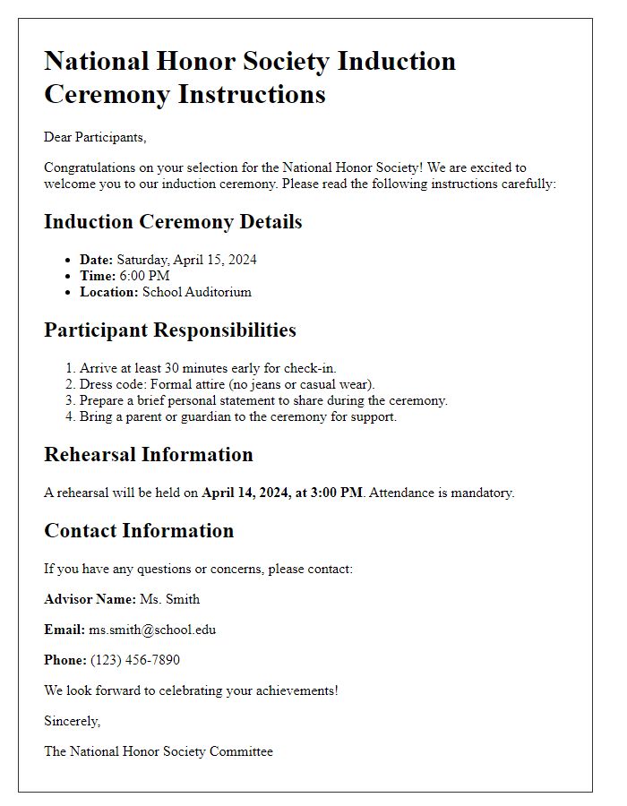 Letter template of instructions for national honor society induction participants