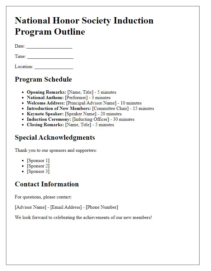 Letter template of program outline for national honor society induction