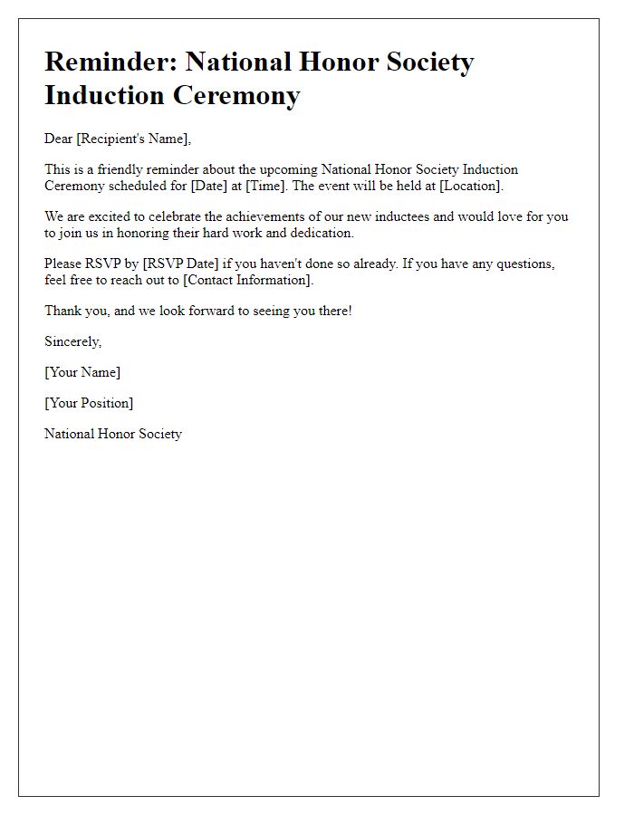 Letter template of reminder for national honor society induction event