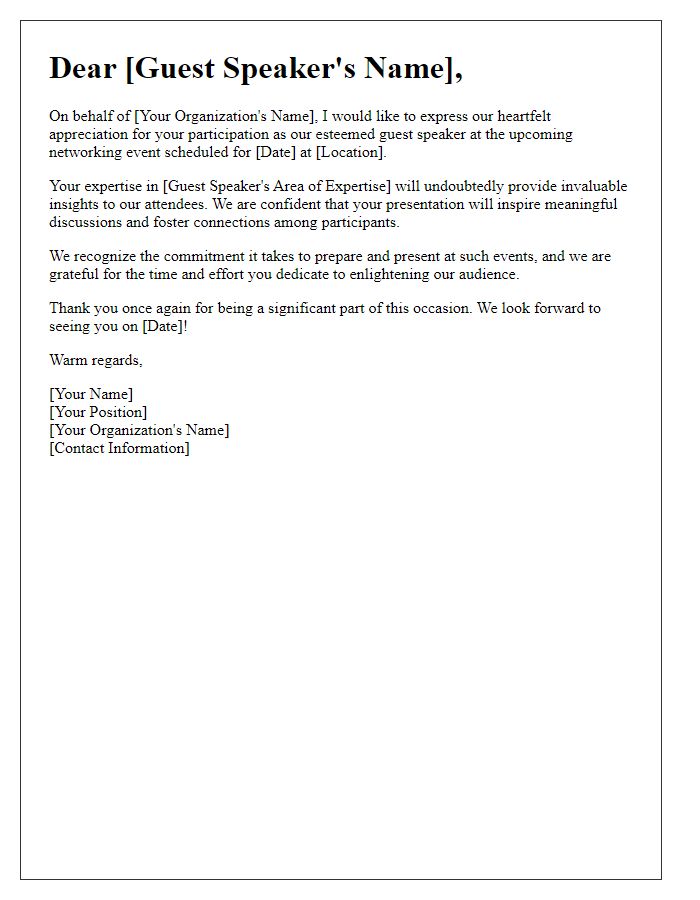 Letter template of guest speaker appreciation for networking event announcement