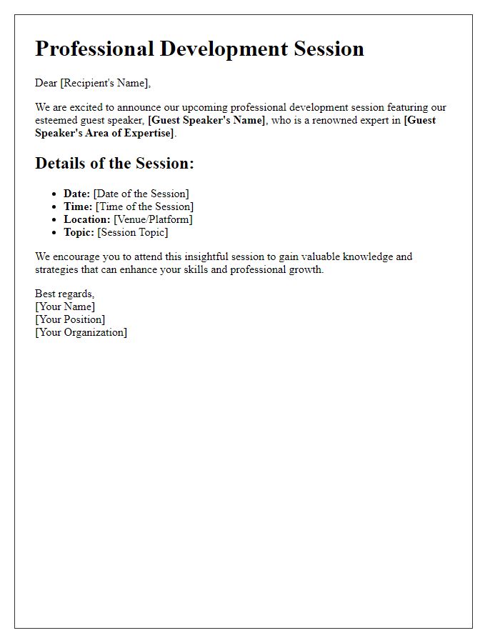 Letter template of guest speaker details for professional development session announcement