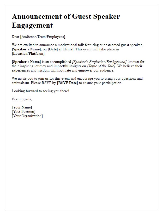 Letter template of guest speaker engagement for motivational talk announcement