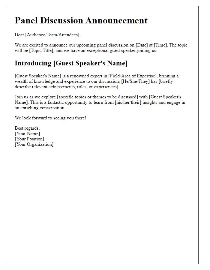 Letter template of guest speaker intro for panel discussion announcement