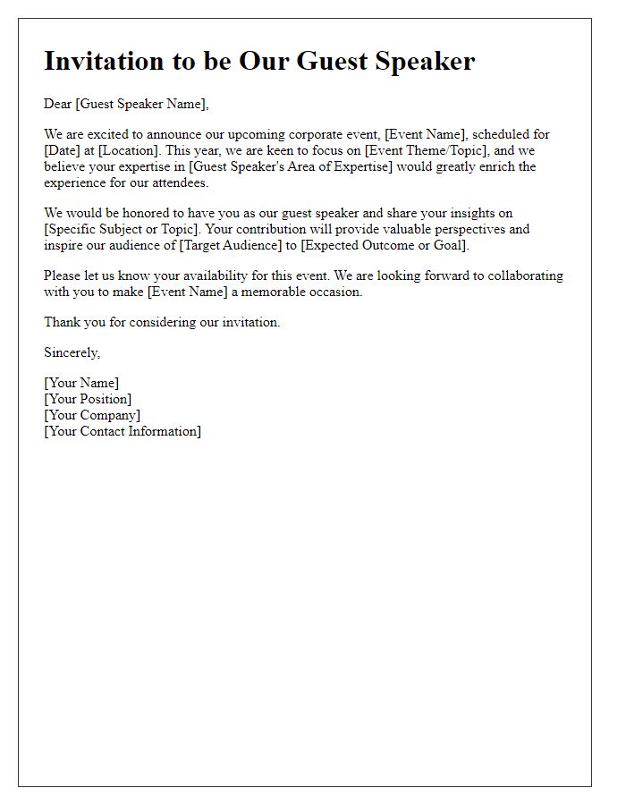 Letter template of guest speaker invitation for corporate event announcement