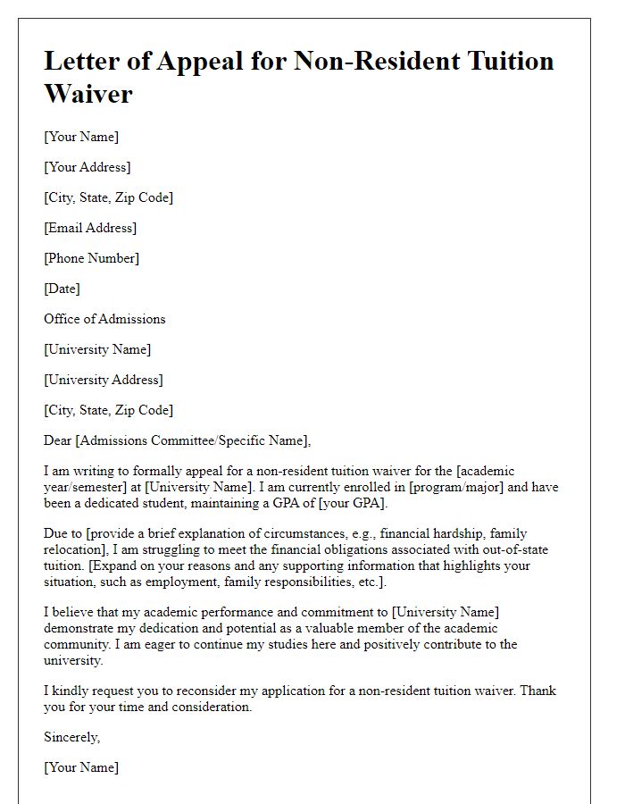 Letter template of appeal for non-resident tuition waivers